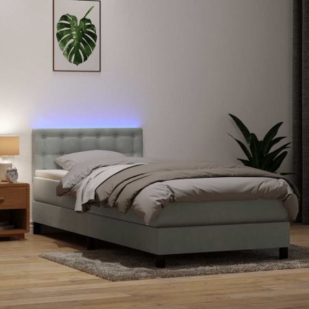 Боксспринг легло с матрак и LED, светлосиво, 90x220 см, кадифе