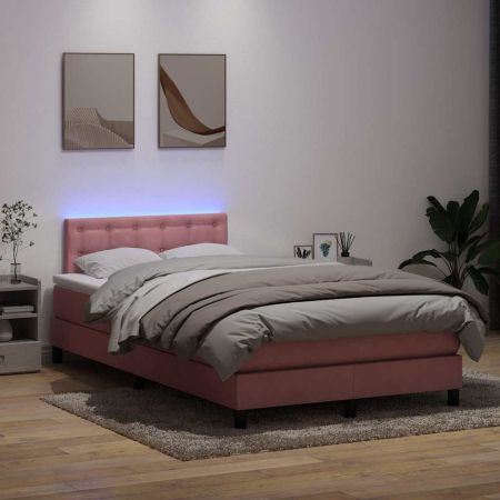 Боксспринг легло с матрак и LED, розово, 120x220 см, кадифе