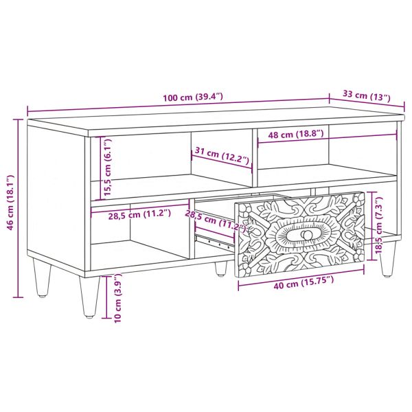 ТВ шкаф с рафт Кафяво 100 x 33,5 x 46 см Солидно мангово дърво