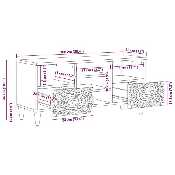ТВ шкаф с рафт Кафяво 100 x 33,5 x 46 см Солидно мангово дърво
