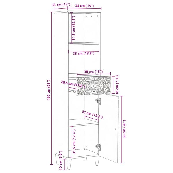 Шкаф за баня Кафяво 38 x 33,5 x 160 см Солидно мангово дърво
