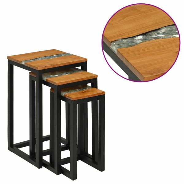 Н nesting маса 3 pcs Кафяво Солидно тиково дърво
