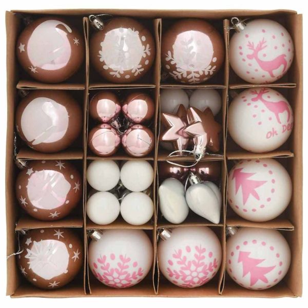 Комплект коледни топки 40 pcs Бяло и розово Пластмаса
