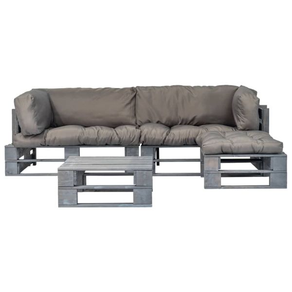 Градински палетен комплект 4 части със сиви възглавници дърво