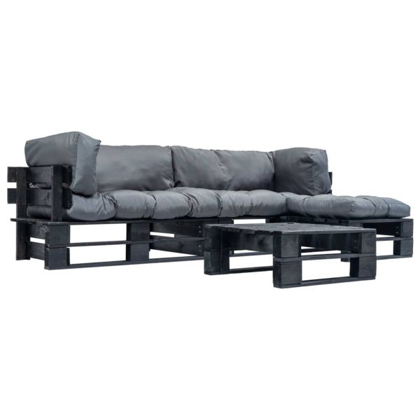 Градински мебели от палети, 4 части, сиви възглавници, дърво