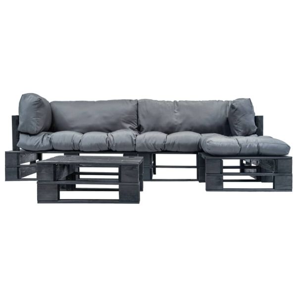 Градински мебели от палети, 4 части, сиви възглавници, дърво