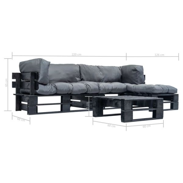 Градински мебели от палети, 4 части, сиви възглавници, дърво