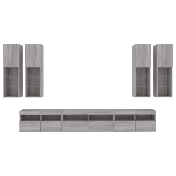 Комплект ТВ стенни шкафове, 7 части, с LED светлини, сив сонома