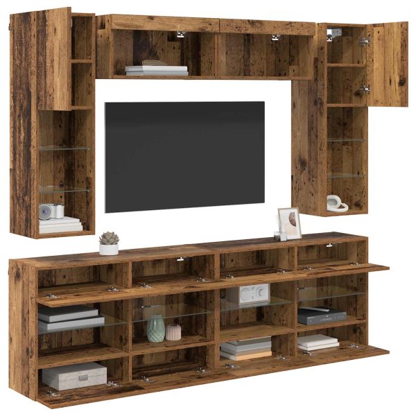 Комплект за стена на телевизор с LED 6 pcs Старо дърво