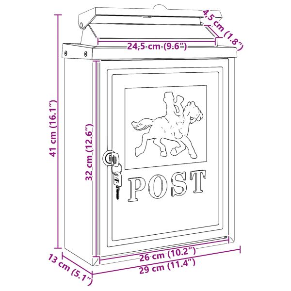 Стенно монтирана пощенска кутия с врата Бронзов 29 x 13 x 41 см