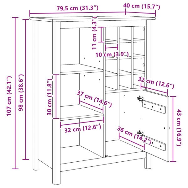 Шкаф за вино HILL Меден кафяв 79.5 x 40 x 107.5 см Солиден бор