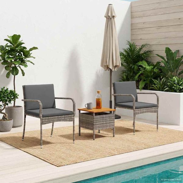 Градински бистро комплект с възглавница 3 pcs Сив полиратан