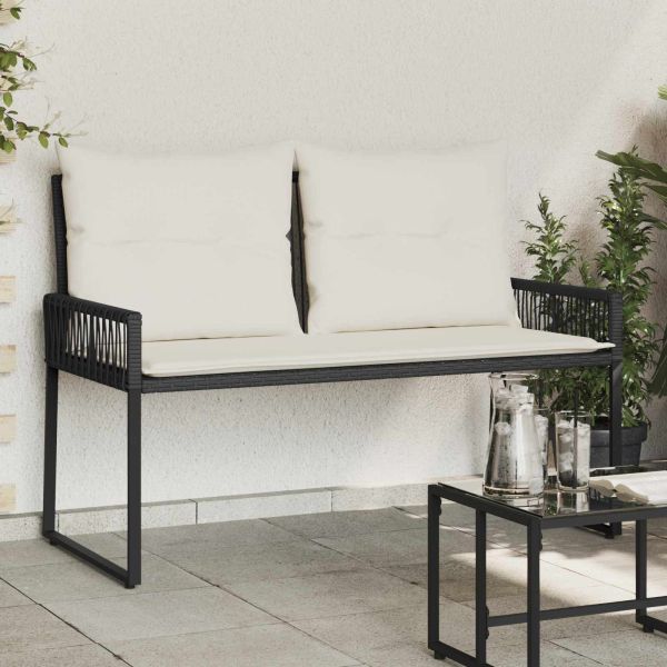 Външна пейка с възглавница 4 pcs Черно и кремаво бяло полиратан