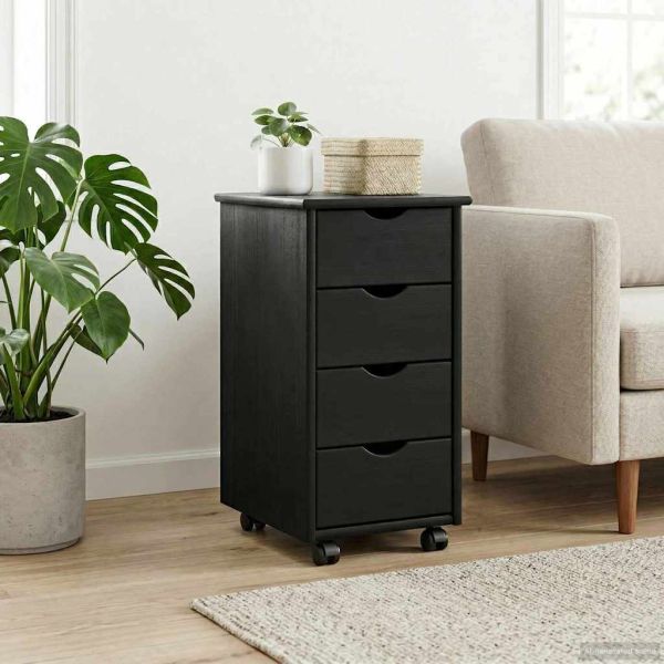 Плъзгащ кабинет с колело Черно 34 x 39 x 65,5 cm Солиден бор