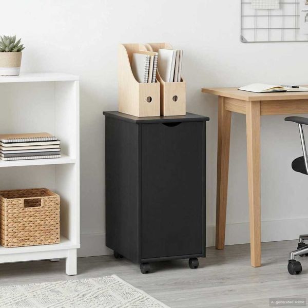 Плъзгащ кабинет с колело Черно 34 x 39 x 65,5 cm Солиден бор