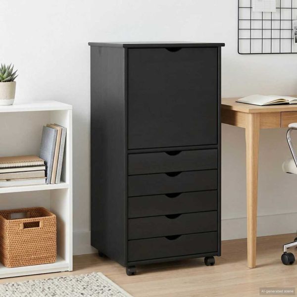 Плъзгащ кабинет с колело Черно 53 x 39 x 103 cm Солиден бор