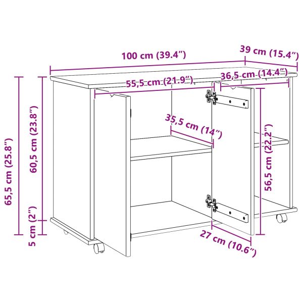 Плъзгащ кабинет с колело Сив 100 x 39 x 65,5 см Солиден бор