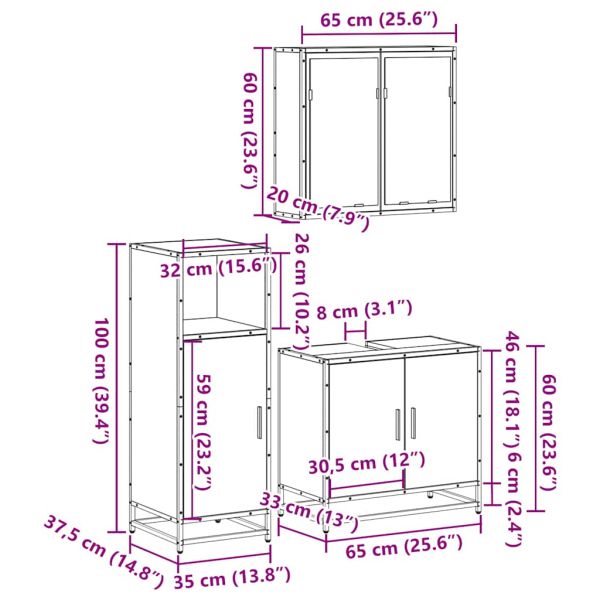 Комплект мебели за баня от 3 части, опушен дъб, инженерно дърво