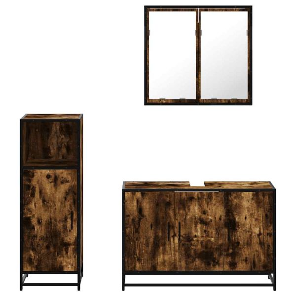 Комплект мебели за баня от 3 части, опушен дъб, инженерно дърво