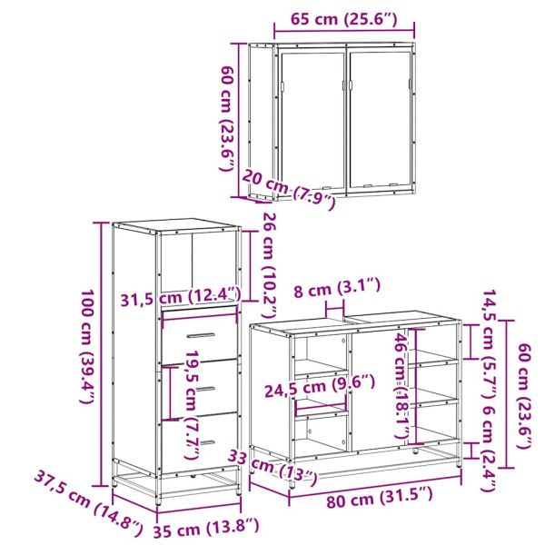 Комплект мебели за баня от 3 части, опушен дъб, инженерно дърво