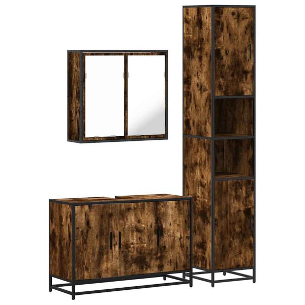 Комплект мебели за баня от 3 части, опушен дъб, инженерно дърво