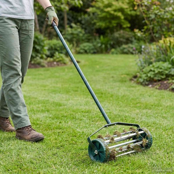 Валяк за трева с дръжка и клипси за аератор Зелен 127,5 x 44 см