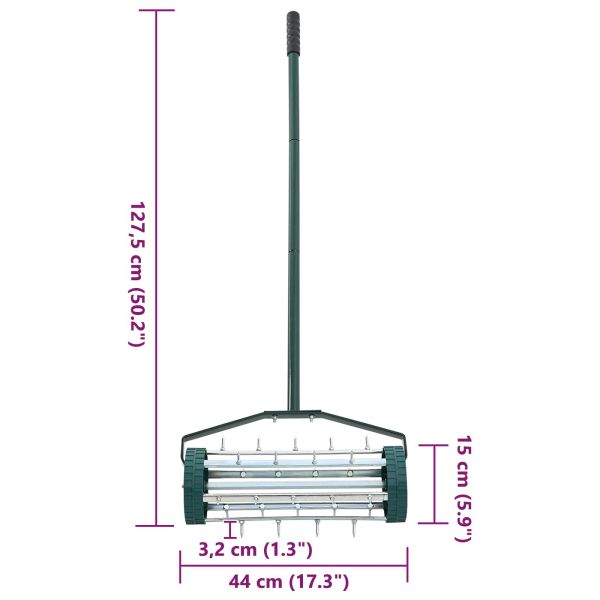 Валяк за трева с дръжка и клипси за аератор Зелен 127,5 x 44 см