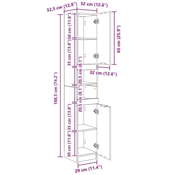 Шкаф за баня, бял гланц, 32x34x188,5 см, инженерно дърво
