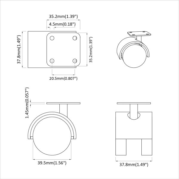 Въртящо се колело 12 pcs Черно 39,5 x 39,5 x 37,8 мм