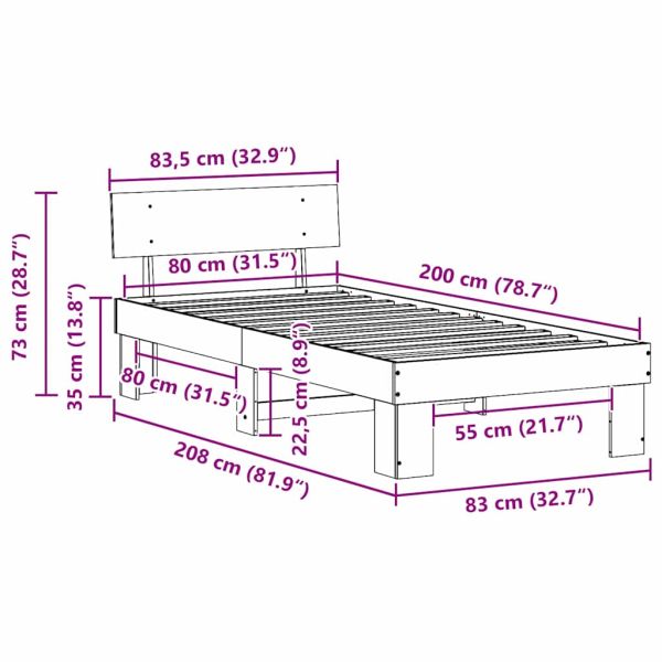 Рамка за легло с таблото Бяло 80 x 200 cm Солидно борово дърво