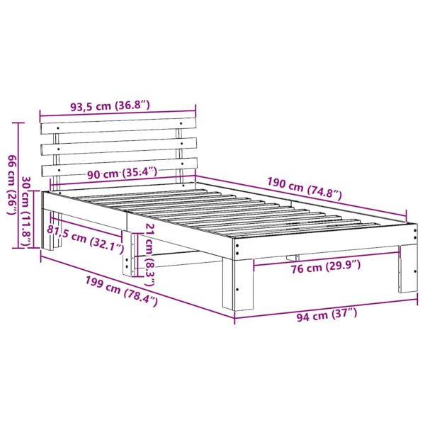 Рамка за легло с таблото Бяло 90 x 190 cm Солидно борово дърво