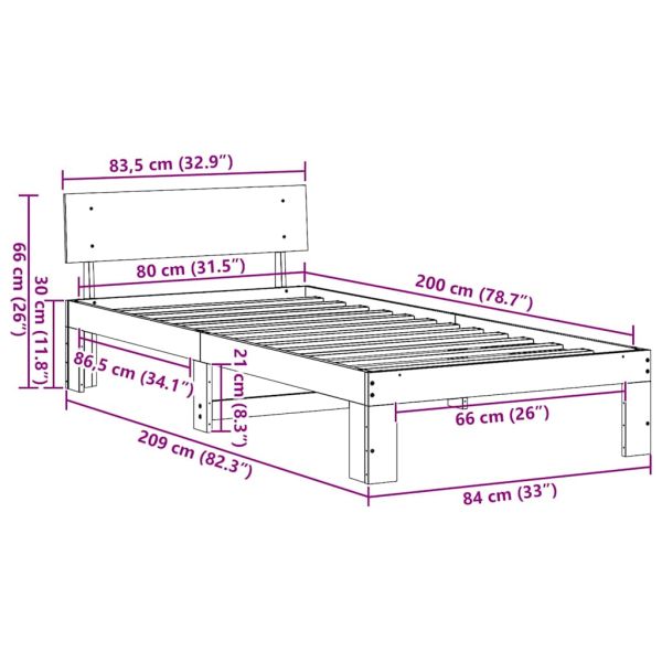 Рамка за легло с таблото Бяло 80 x 200 cm Солидно борово дърво