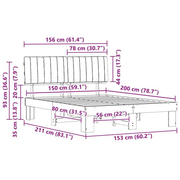 Леглова рамка с тапицирана гръбна част Черно 150 x 200 cm