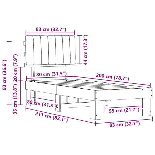 Леглова рамка с тапицирана гръбна част Светлосиво 80 x 200 cm