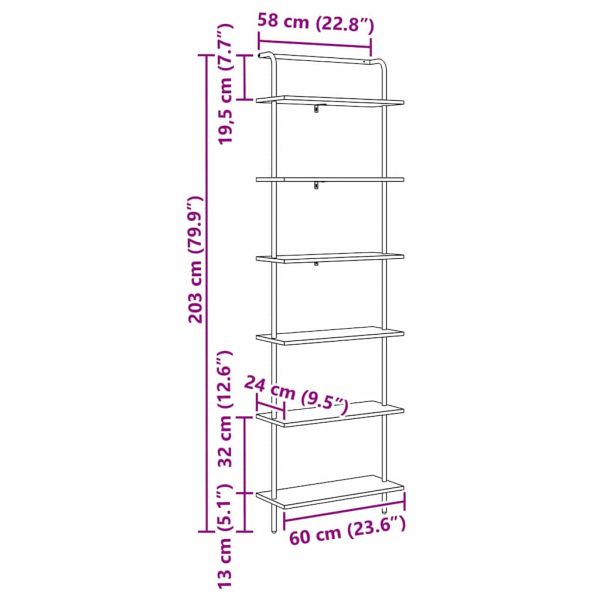 Рафт за книги Дъб 60 x 24 x 203 см Инженерно дърво
