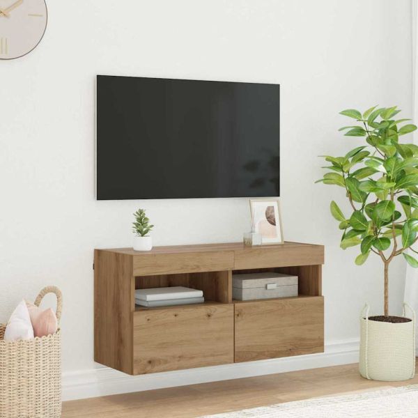 TV стенен шкаф с LED Дъб 80 х 30 х 40 см Инженерно дърво