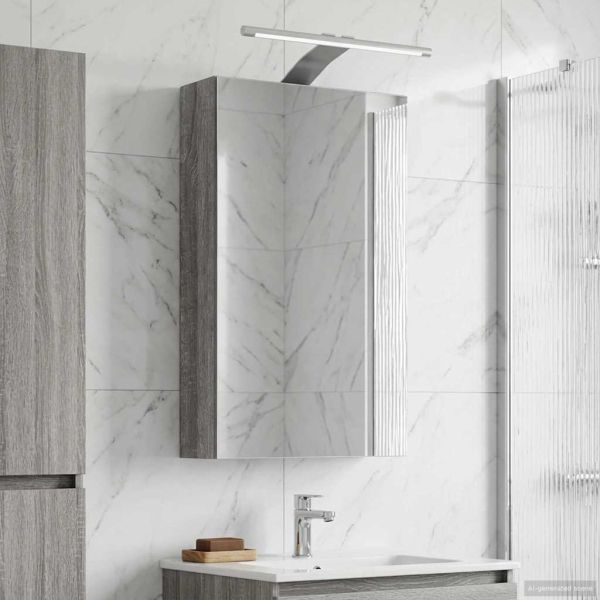 Шкаф с огледало за баня с рафт Сив Сонома 30 x 10,5 x 50 см