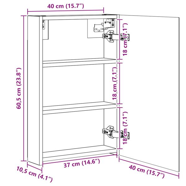 Шкаф с огледало за баня с рафт Сив Сонома 40 x 10,5 x 60,5 см
