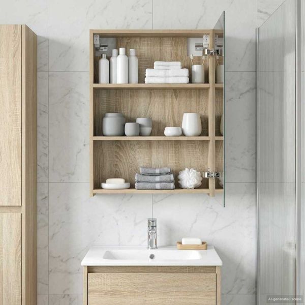 Шкаф с огледало за баня с рафт Сонома дъб 50 x 14,5 x 70 см
