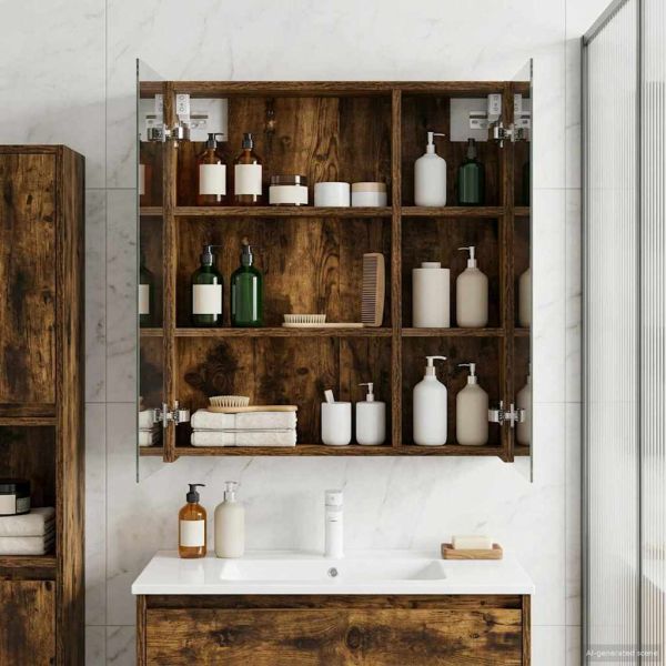 Шкаф с огледало за баня с рафт Димян дъб 60 x 14,5 x 70 см