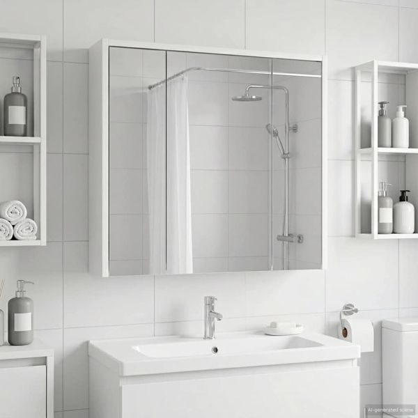 Шкаф с огледало за баня Бяло 63,5 x 16 x 62,5 см