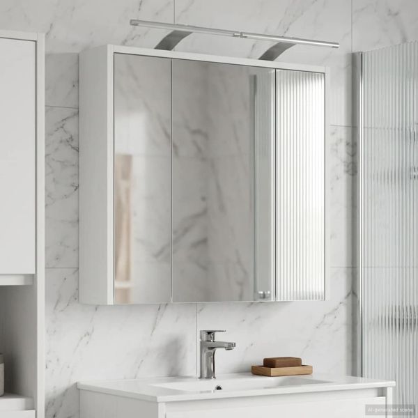 Шкаф с огледало за баня Бяло 63,5 x 16 x 62,5 см