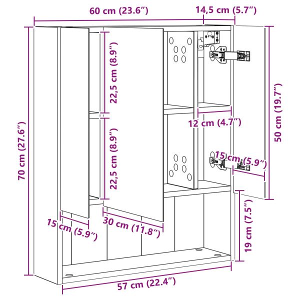 Шкаф с огледало за баня с рафт Димян дъб 60 x 14.5 x 70 см