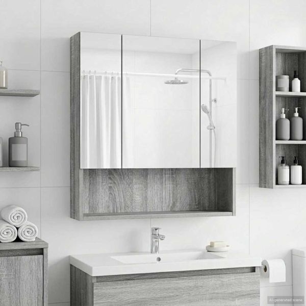 Шкаф с огледало за баня с рафт Сив Сонома 60 x 14.5 x 70 см