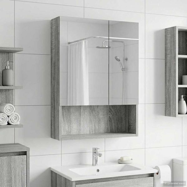Шкаф с огледало за баня с рафт Сив Сонома 50 x 14,5 x 70 см