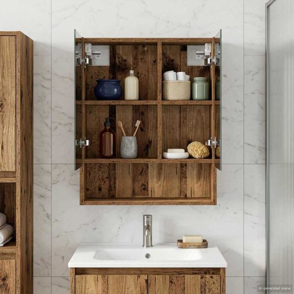 Шкаф с огледало за баня с рафт Старо дърво 50 x 14,5 x 70 см