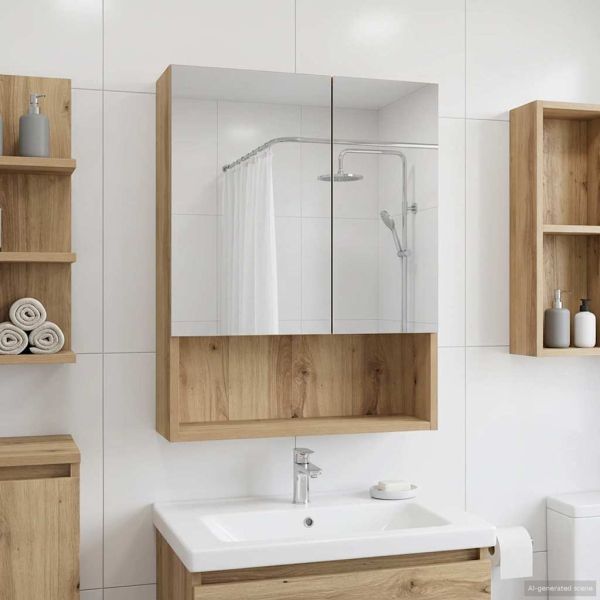 Шкаф с огледало за баня с рафт Дъб Артизан 50 x 14,5 x 70 см