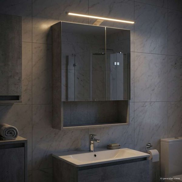 Шкаф с огледало за баня с рафт Циментено сиво 50 x 14,5 x 70 см