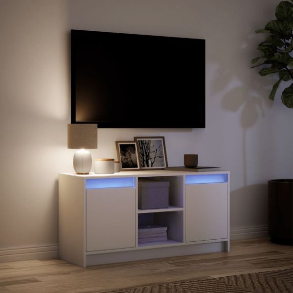 ТВ шкаф с LED, бял, 100x34x50 см, инженерно дърво