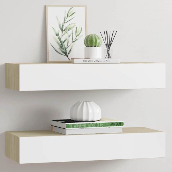 Стенни рафтове за чекмеджета, 2 бр., дъб и бяло, 60x23,5x10 см, MDF